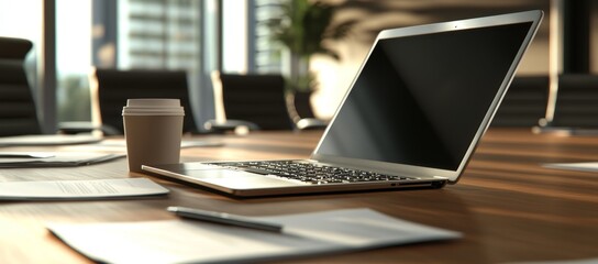Close-up of a laptop computer on a wooden desk in a modern office with a cup of coffee and documents.