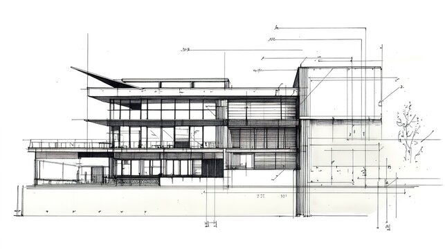 A Detailed Blueprint Sectional Design, Showcasing Architectural Elements and Structural Integrity of a Building. This Design Includes Floor Plans, Elevations, and Cross-Sections, Highlighting Key Feat