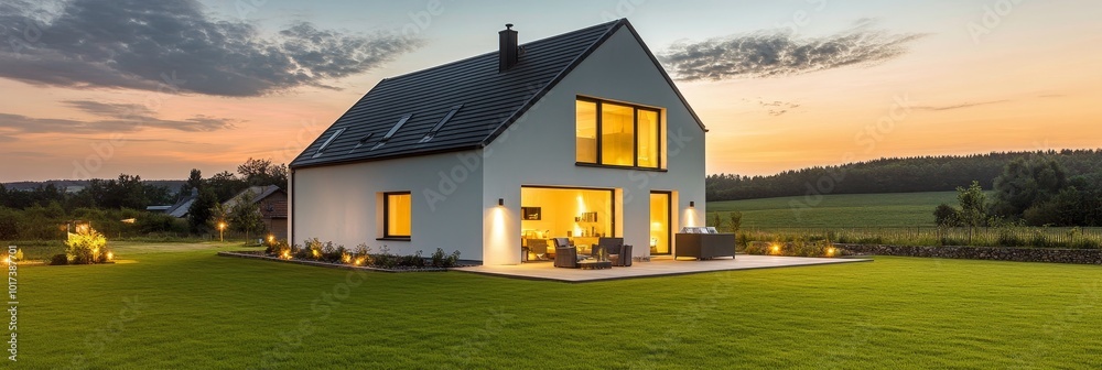 Poster modern home with large windows and a patio at dusk.