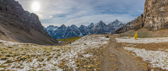 Beautiful fall time scenic views at Sentinal Pass, Larch Valley during September with light snow covering the incredible landscape in northern Canada, Banff National Park. 