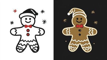 A Bold Line Art Illustration of a Christmas Gingerbread Man, Capturing the Festive Spirit of the Holiday Season. The Gingerbread Man is Outlined with Thick, Black Lines, Featuring Classic Decorative 