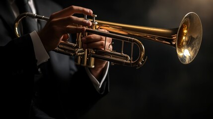 Obraz premium Musician in black suit, trumpet