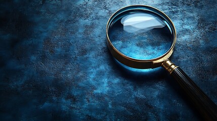 A magnifying glass with a gold rim and a black handle is lying on a blue background.