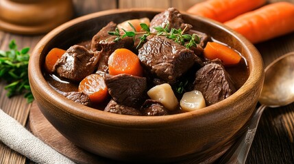 A rustic bowl of medieval reindeer stew, featuring tender chunks of meat slow-cooked with root vegetables and aromatic herbs. The stew is served in a handcrafted wooden bowl,