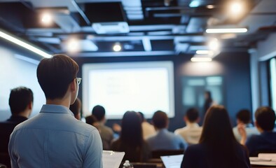 Asian corporate training workshop with professionals in casual attire listening to speaker on stage, taking notes at desks, modern decor and relaxed atmosphere.
