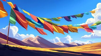 Colorful tibetan prayer flags blowing in the wind, tibetan, prayer, flags, colorful, wind, spirituality, tradition, culture. Tibetan Prayer Flags. Illustration