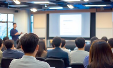 Fototapeta premium Asian corporate training workshop with professionals in casual attire listening to speaker on stage, taking notes at desks, modern decor and relaxed atmosphere.
