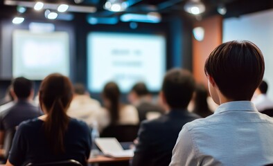 Fototapeta premium Asian corporate training workshop with professionals in casual attire listening to speaker on stage, taking notes at desks, modern decor and relaxed atmosphere.