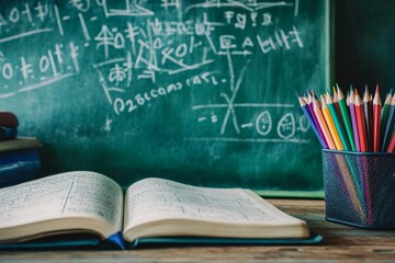 Open notebook with pencils on a table with a chalkboard in the background.