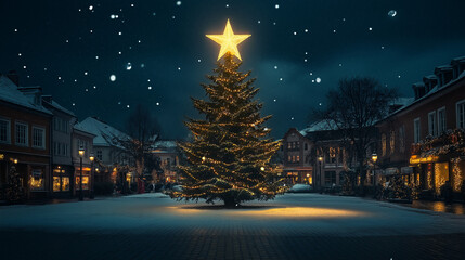 Fototapeta premium A glowing Christmas star atop a large tree in the center of a snowy town square. v2