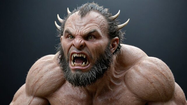 Angry demon with horns on a black background. The concept of aggression and anger.