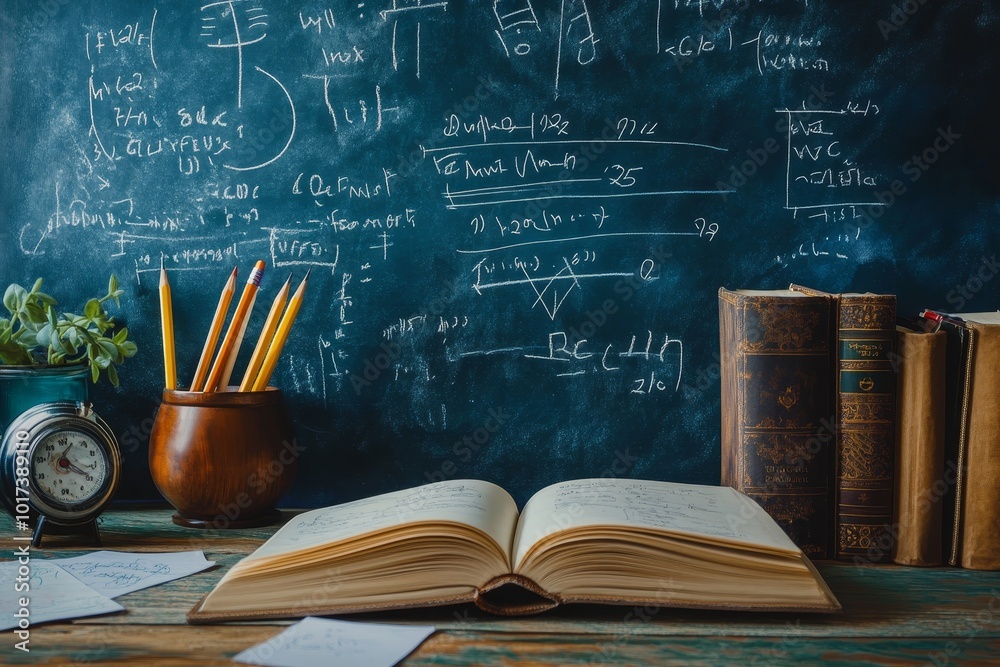 Aufkleber open book with pencils and vintage books on a wooden table with a chalkboard in the background fille