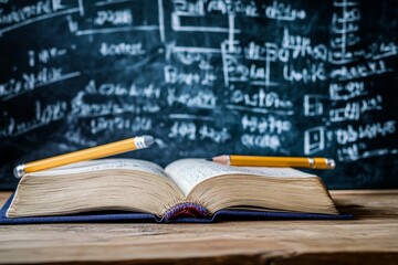 Open book with yellow pencils on a wooden table with a blackboard in the background.