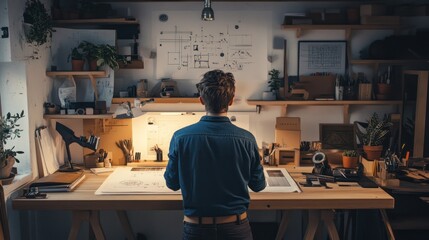 A solo inventor in a minimalist home studio, developing an original idea for a sustainable, solar-powered gadget, surrounded by blueprints and eco-friendly materials.