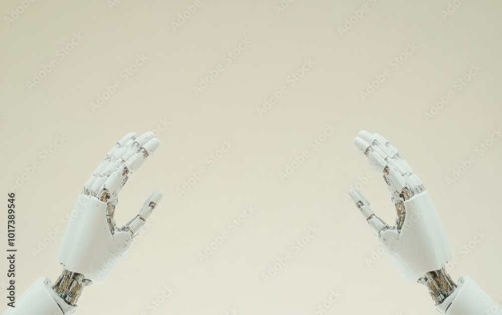 Poster Symmetrical Robotic Arms in Soft Cream Backdrop - Abstract Sci-Fi Long Exposure