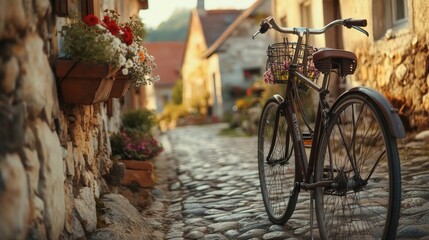Obraz premium A bicycle on a cobblestone street in an old town.