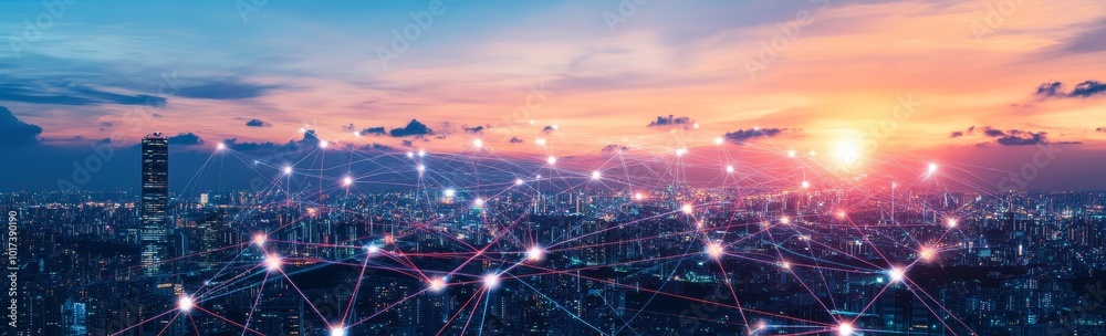 Poster a network of glowing lines connect buildings in a city skyline at sunset.