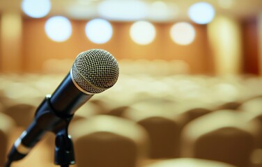Obraz premium Close-up of a microphone on stage with a blurred background, perfect for conference, meeting, or business town hall event concepts, featuring high-quality details.