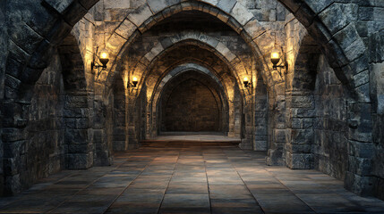 Eerie spooky castle with stone walls haunted corridors hidden dungeons creaking doors photorealistic style atmospheric lighting wideangle