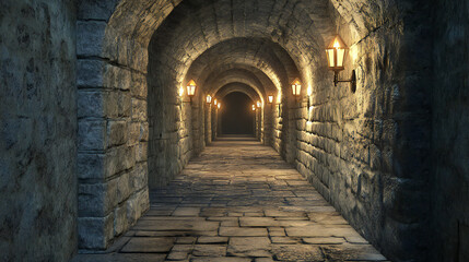 Obraz premium Eerie spooky castle with stone walls haunted corridors hidden dungeons creaking doors photorealistic style atmospheric lighting wideangle