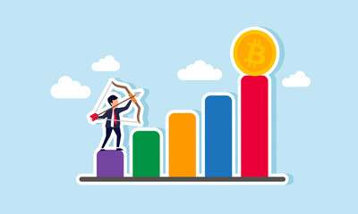 A businessman is aiming at a bitcoin positioned at the peak of a chart, illustrating the goal of buying bitcoin at a specific price hoping for future all-time highs.