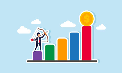 A businessman is aiming at a dollar coin positioned at the peak of a chart, illustrating the goal of targeting a specific dollar collection price for future all-time highs.
