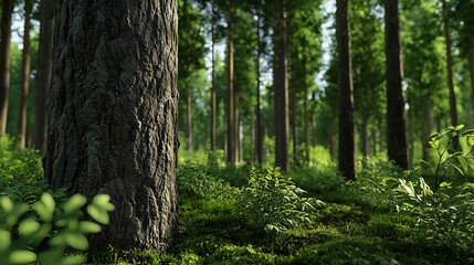 Fototapeta premium A Serene Forest with Sunlight Filtering Through the Tall Trees