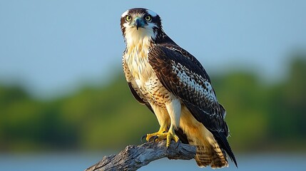 A  brown and white osprey with yellow feet perches on a branch with a blue sky and green trees in the background.