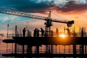 Obraz premium Construction workers silhouetted against a sunset sky working on a building under construction.