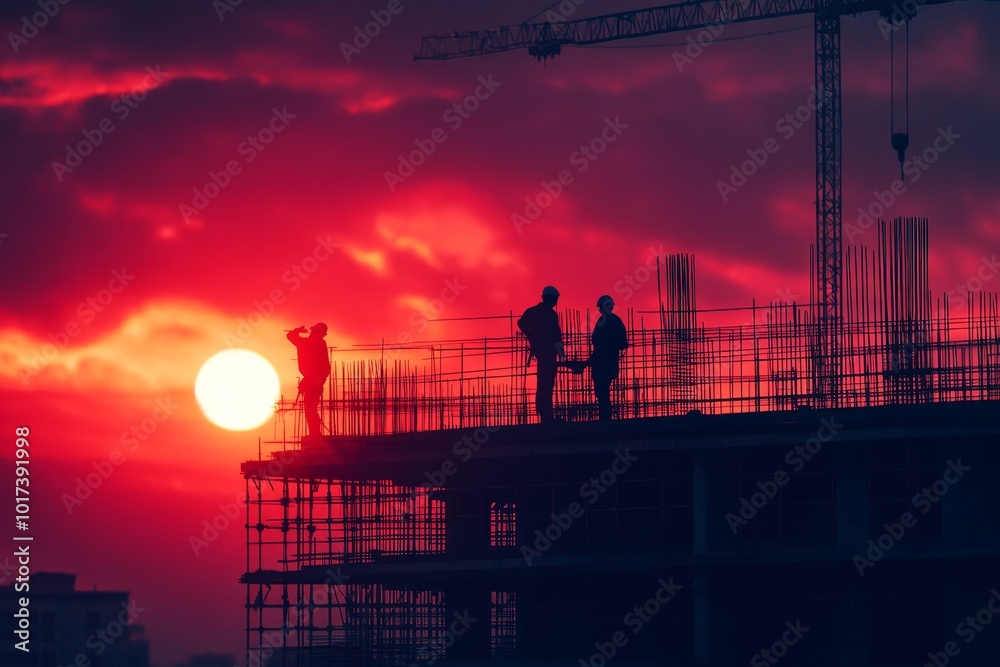 Poster silhouette of construction workers on a building under construction with a crane and the sunset in t