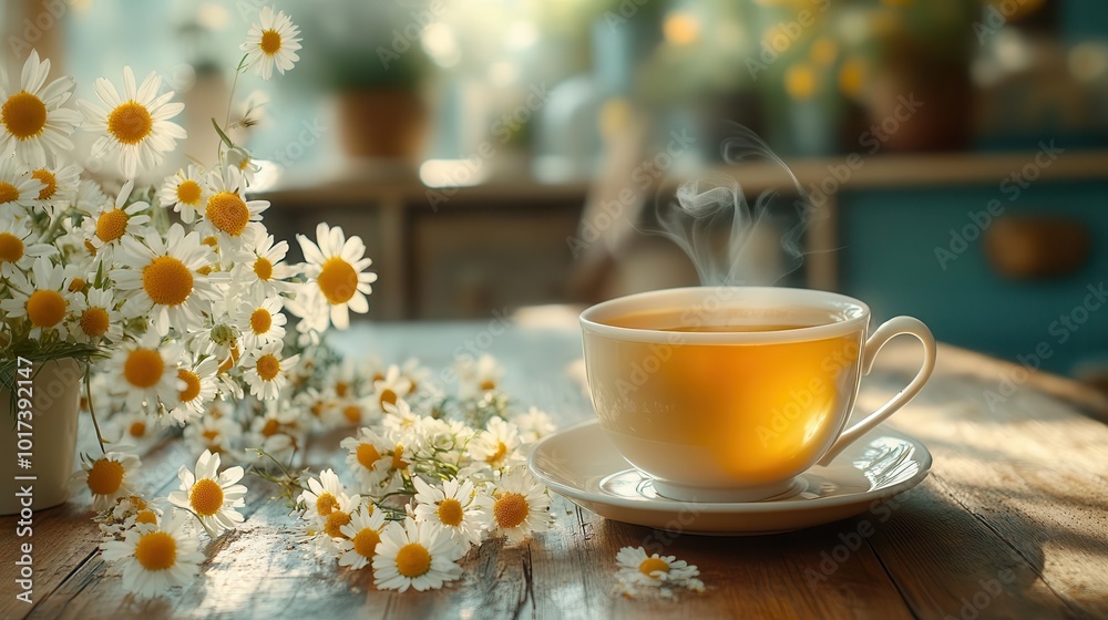 Canvas Prints rustic wooden table adorned with a steaming cup of chamomile tea set against a backdrop of warm inviting decor evoking coziness and relaxation