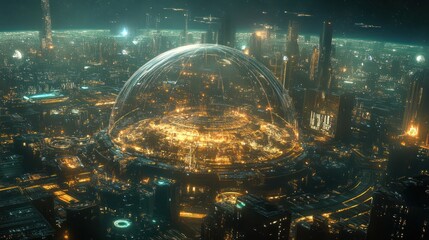 A view from space of an artificial planet, its surface completely engineered with massive domes, skyscrapers, and intricate technology, glowing in the dark of space.