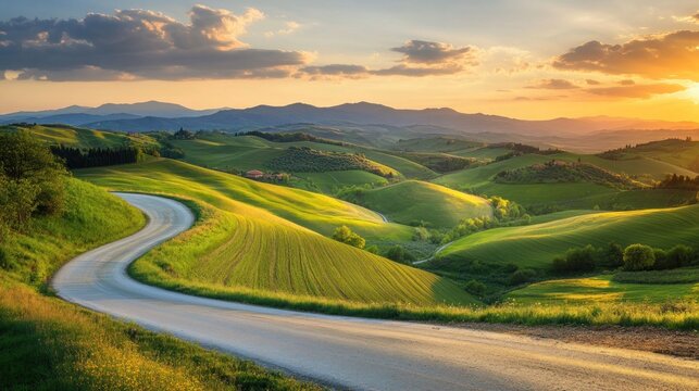 A winding country road bathed in golden hour sunlight, with rolling hills and lush green fields glowing under the soft light of the setting sun.
