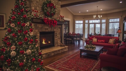 A Cozy Holiday Living Room Adorned With Festive Decorations, a Glowing Fireplace, and a Beautifully Lit Christmas Tree