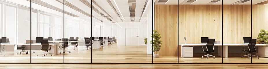 Modern open-space office interior with glass walls, wooden flooring, desks, computers, and light-colored wood paneling, creating a professional, minimalist, and collaborative workspace atmosphere.