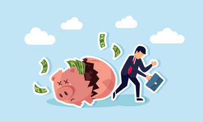 A businessman walking beside a broken piggy bank with money flying away, feeling tired and frustrated, illustrating the failure of an investment in stocks resulting in losses