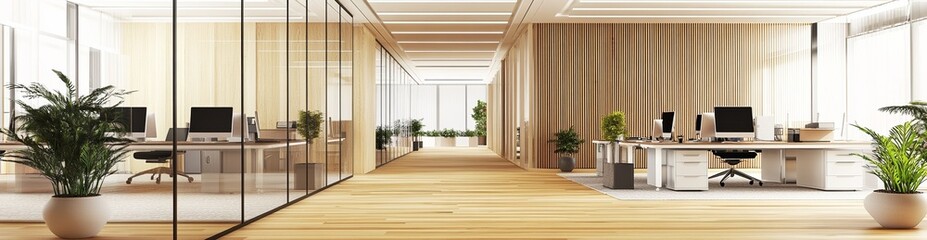 Modern open-space office interior with glass walls, wooden flooring, desks, computers, and light-colored wood paneling, creating a professional, minimalist, and collaborative workspace atmosphere.