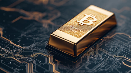 Digital Gold Bar Representing the Value of Bitcoin Glowing Against a Dark Background