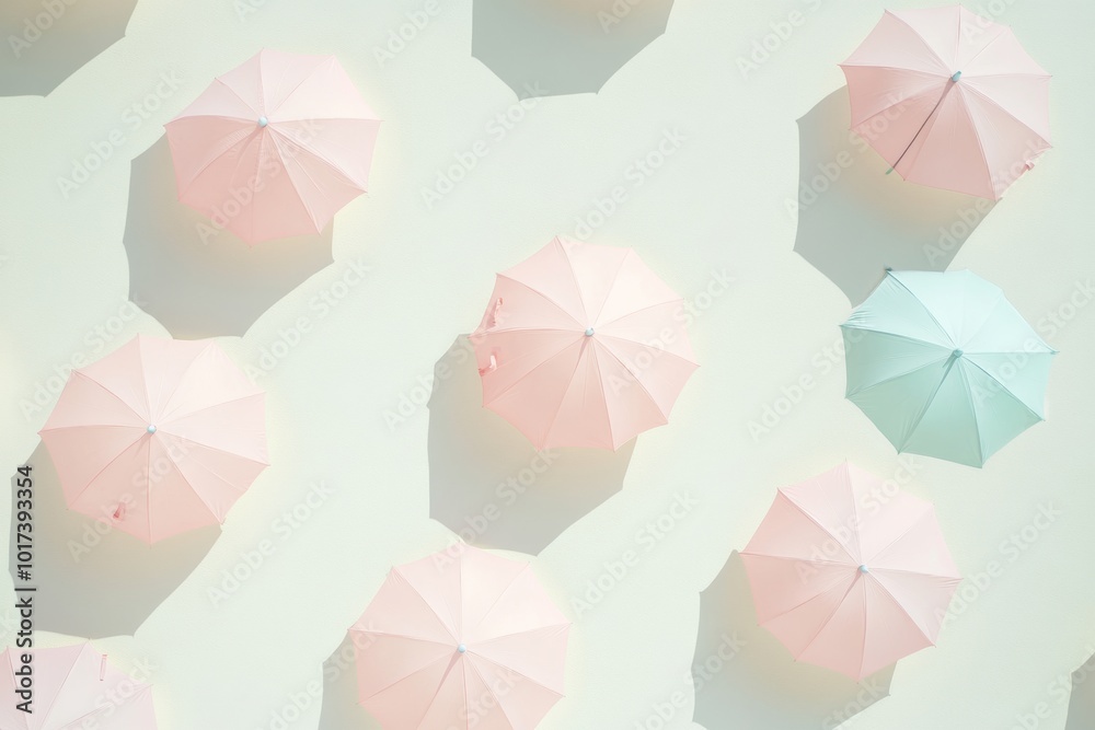 Poster pastel pink and mint green umbrellas pattern on cream background with soft shadows