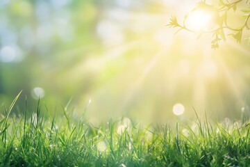 Obraz premium Closeup of green grass with a blurred out background of a sunny day.