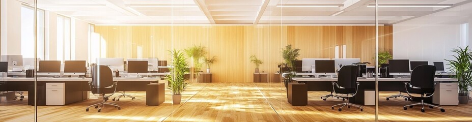 Modern open-space office interior with glass walls, wooden flooring, desks, computers, and light-colored wood paneling, creating a professional, minimalist, and collaborative workspace atmosphere.