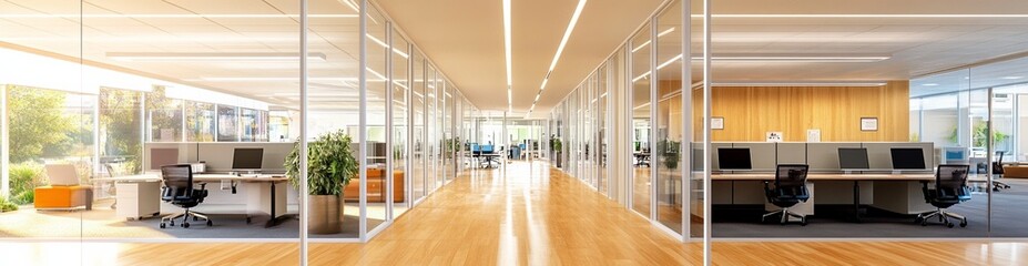 Fototapeta premium Modern open-space office interior with glass walls, wooden flooring, desks, computers, and light-colored wood paneling, creating a professional, minimalist, and collaborative workspace atmosphere.