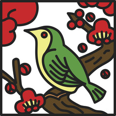 正方形カラー花札アイコン　鶯　如月　梅　2月　梅に鶯