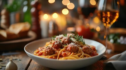 a plate of spaghetti with meatballs and a glass of wine
