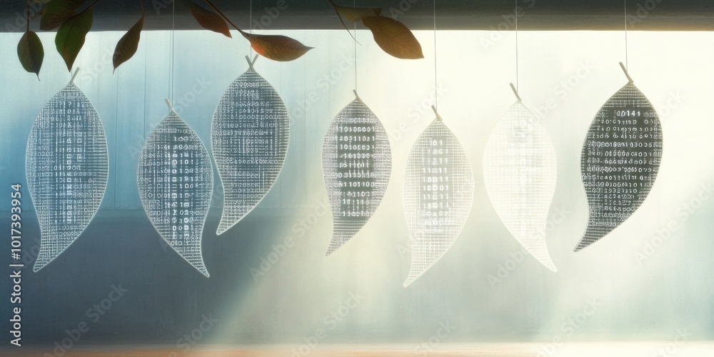 Poster Minimalist Transparent Leaves with Binary Code Hanging from Branches - Digital Art, Modern Aesthetic