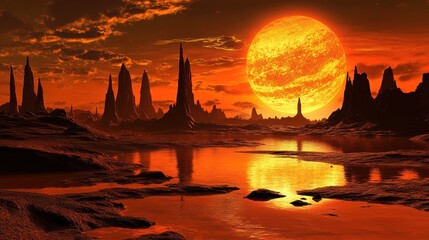 Naklejka premium An alien civilization thriving in the narrow habitable band of a tidally locked planet, where the sun never moves in the sky, casting a permanent orange glow over the surreal landscape.