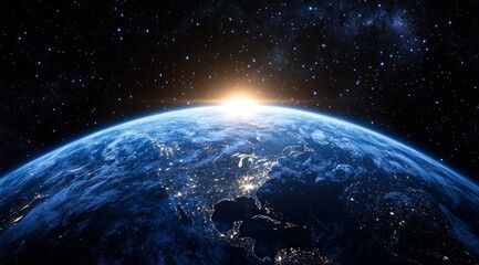 Obraz premium A stunning view of Earth from space with a sunrise over North America, showing the continent's vast network of city lights against the backdrop of a starry sky.