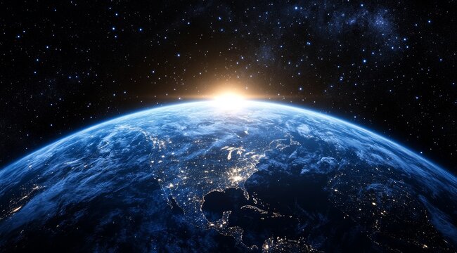 A stunning view of Earth from space with a sunrise over North America, showing the continent's vast network of city lights against the backdrop of a starry sky.