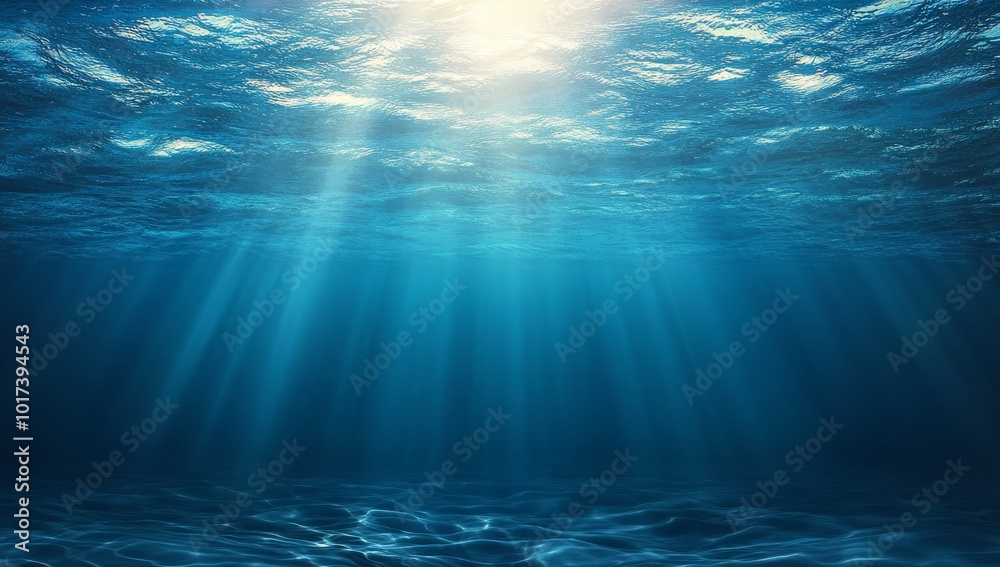 Poster deep underwater scene with sun rays shining through the water surface.
