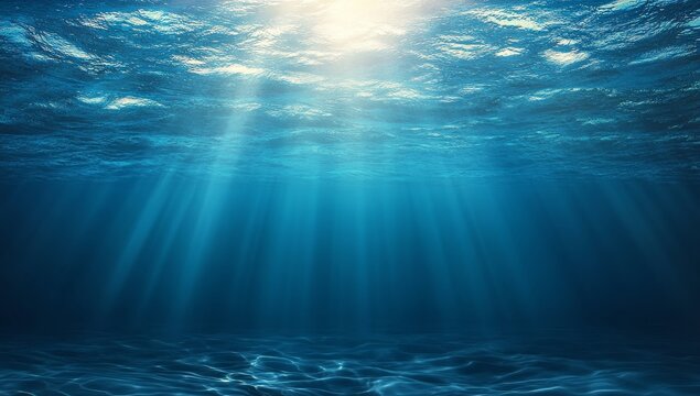 Deep underwater scene with sun rays shining through the water surface. - Powered by Adobe